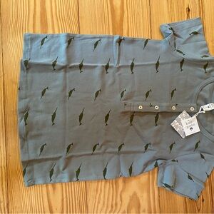 kate quinn Slate Blue Short-Sleeve Henley with Narwahl Print NWT